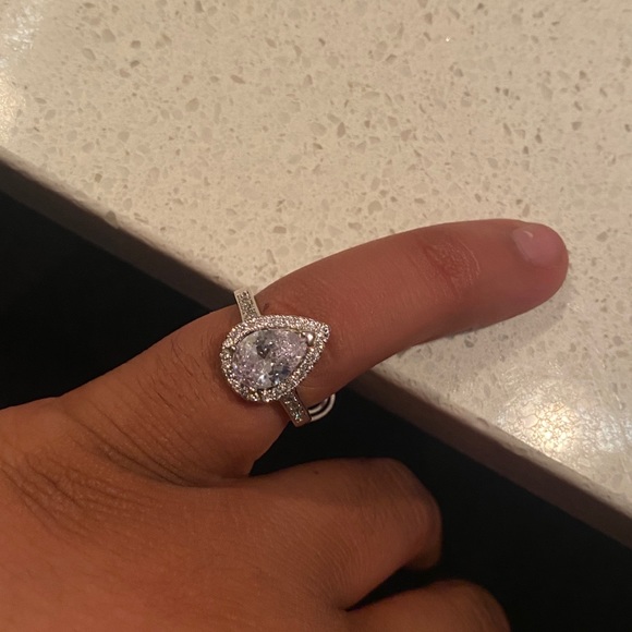 New Halo Pear Austrian Crystal Ring with Single Half Row Pave Engagement Ring - Picture 4 of 12